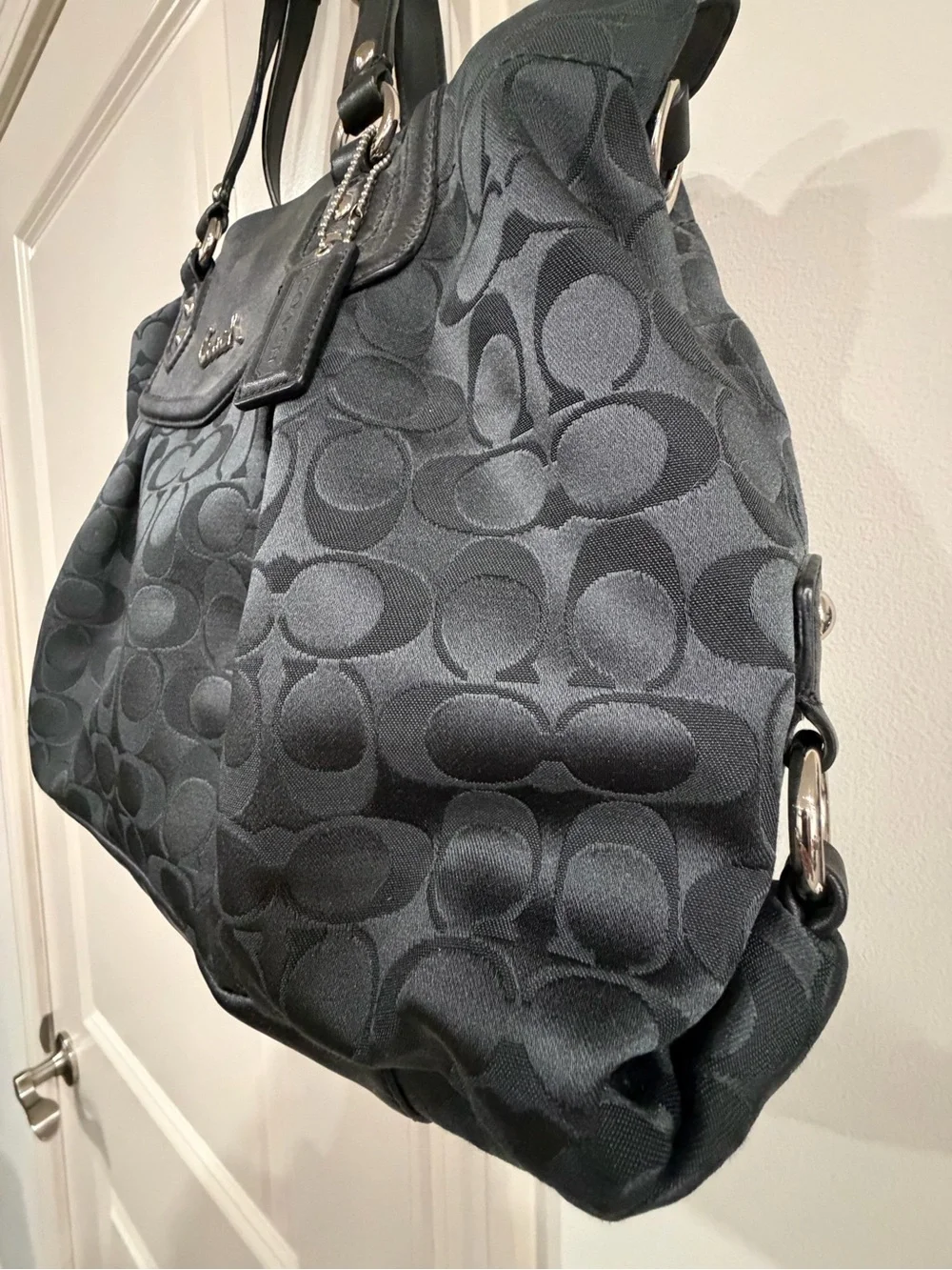 Vintage Coach Ashley Signature Convertible Black Jacquard Tote with Leather Trim